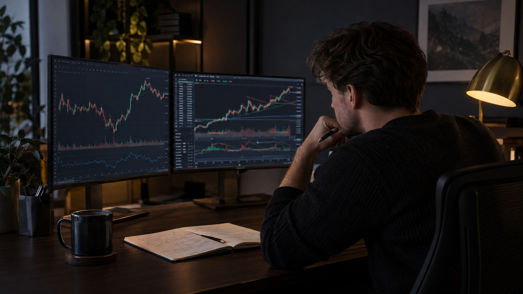 Estudiante de trading revisando gráficos y tomando notas en su escritorio
